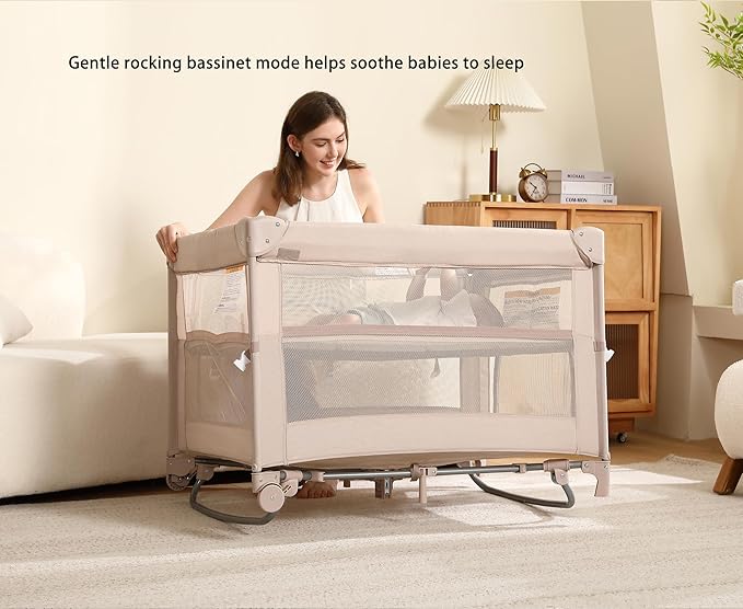 Pack and Play, 5 in 1 Baby Playard – Portable Crib, Bassinet, Bedside Sleeper, Changing Table & Playpen | Breathable Mesh | Safe & Foldable for Newborns to Toddlers (Beige)