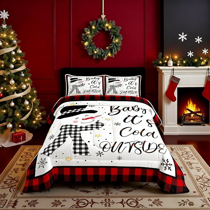 Kids Christmas Snowman Comforter Set King Size,Snowflake Winter Bedding Set,Girls Boys Adults Xmas Decor,Geometric Grids Lattices Patch Down Comforter,Red Rustic Vintage Duvet Insert,2 Pillowcases