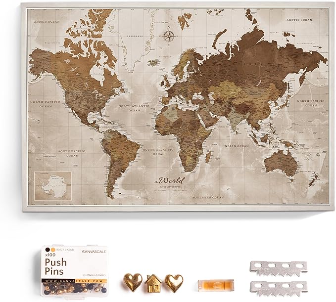 Canvas World Map with Cork Pin Board - English Lettering - Decorative Wall Decoration for All Rooms - Canvas Pictures with World Map Motif (70x50 cm, Pattern 17)