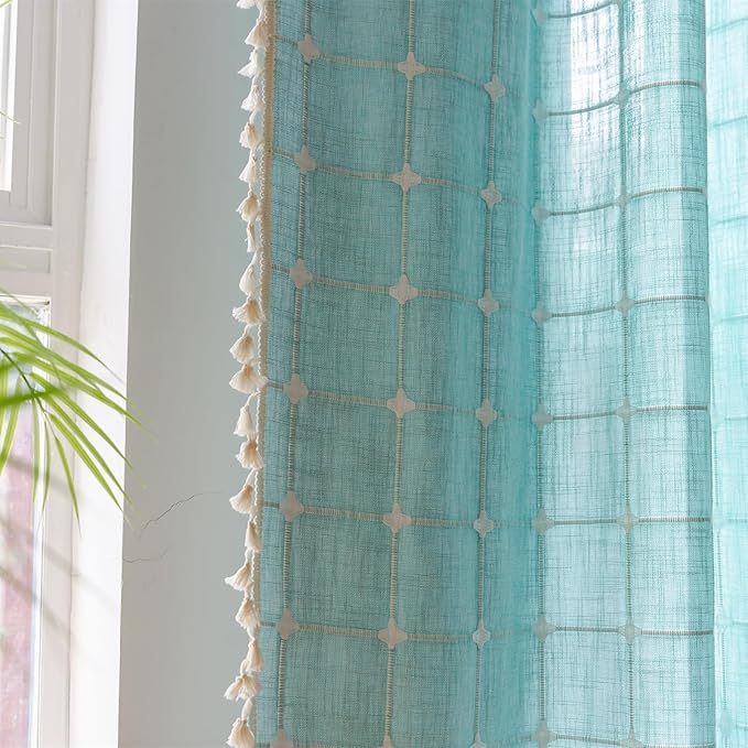 Deeprove Boho Plaid Curtains 63 inch for Home Office Kitchen Nursery Playroom, Semi Blackout Farmhouse Tassels Window Treatment Bohemian Embroidery Drape Rod Pocket 1 Panel 52" W x 63" L, Aqua