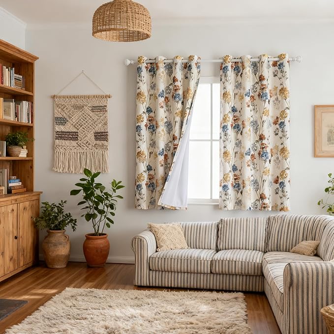 MYSKY HOME Floral 100% Blackout Linen Curtains 72 Inches Long 2 Panels Set for Bedroom Living Room Farmhouse Flower Pattern Double Layer Thermal Insulated Grommet Drapes, Yellow, 52" Wide Each Panel