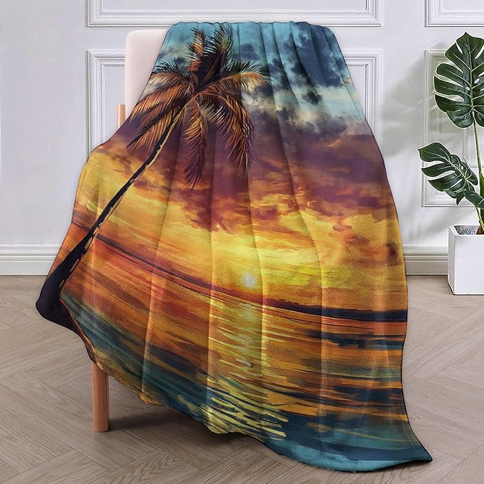 Palm Tree Blanket Gifts for Women Girls Adults Kids Soft Warm Lightweight Cozy Tropical Sunset Beach Ocean Throw Blankets for Bed Sofa Couch Living Room Decor 50x60in