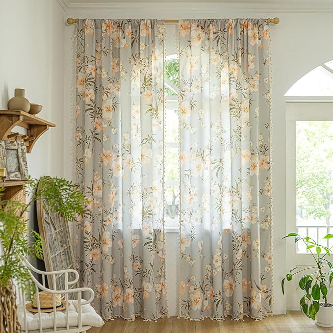 ENJOYBRIDAL Floral Curtains 96 Inches Long Living Room Bedroom Drapes Boho Dining Room Semi Sheer Farmhouse Window Curtains 2 Panels Cottage Core Cute Rod Pocket Window Treatments