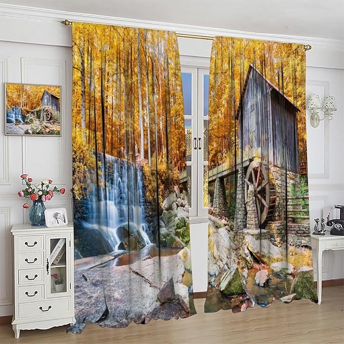 Autumn Waterfall Blackout Curtains, Landscape Fall Waterfall Outdoor Nature Art Window Drapes, for Bedroom Living Room 63" W X 72" L