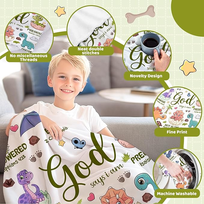 Dinosaur Blanket for Boys,God Says I Am Dinosaurs Throw Blanket,Dinosaur Gifts for Girls Baby,Meaningful Thoughtful Religious Baptism Christian Gifts,Bible Verse Quilt, 40"x50" for Kids