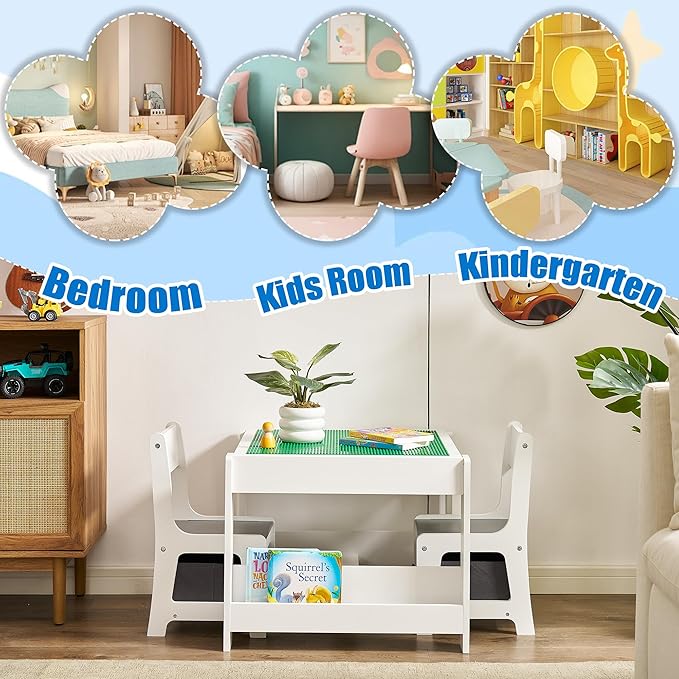 Kids Table and Chair Set, 3 in 1 Wooden Activity Table with Storage Drawer for Toddlers Drawing, Reading, Crafts, 2 in 1 Detachable Tabletop Table Set for Nursery, Playroom (Gray & White)