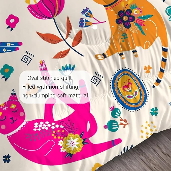 Cat Comforter Set Full : Cute Floral Cats Full Size Bedding Sets for Girls Kids Teens Children Cartoon Flowers Kawaii Animals Print Quilt Duvet Bed Set with 1 Comforter & 2 Pillowcases