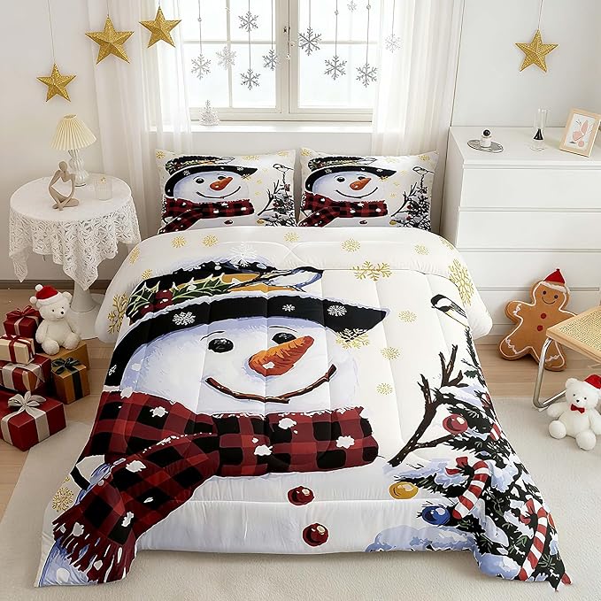 Feelyou Kids Christmas Theme Decorations Bedding Set Xmas Snowman Comforter Set for Boys Girls Snowflake Kawaii Cute Beige Golden Bedroom Collection Queen Size