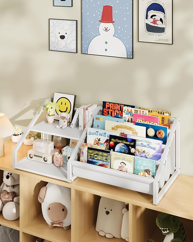 Kids Bookshelf, Book Shelf for Kids Rooms, Toddler Bookshelf with 2 Open Shelves and 4-Tier Sling Rack, for Kid Room, Nursery, Bedroom, Playroom, White TCW16WB