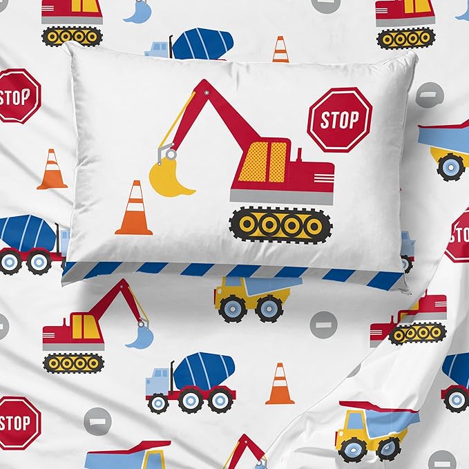 Sunny Side Up Construction Zone Toddler Sheet Set - 3 Piece Toddler Bedding Set Includes Pillow Cover - Super Soft Trucks Microfiber Sheets