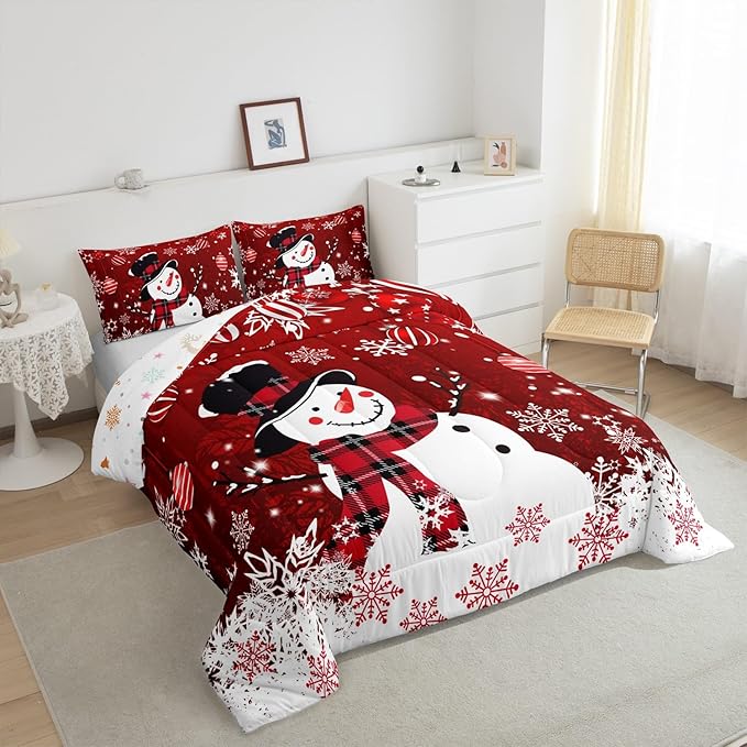 Manfei Snowman Comforter Set Queen Size, Snowflake Balloon Xmas Decor Down Comforter with 2 Pillowcases, Christmas Red Bedding Set 3pcs for Kids Boy Girls Bedroom Decor Lightweight Duvet Insert