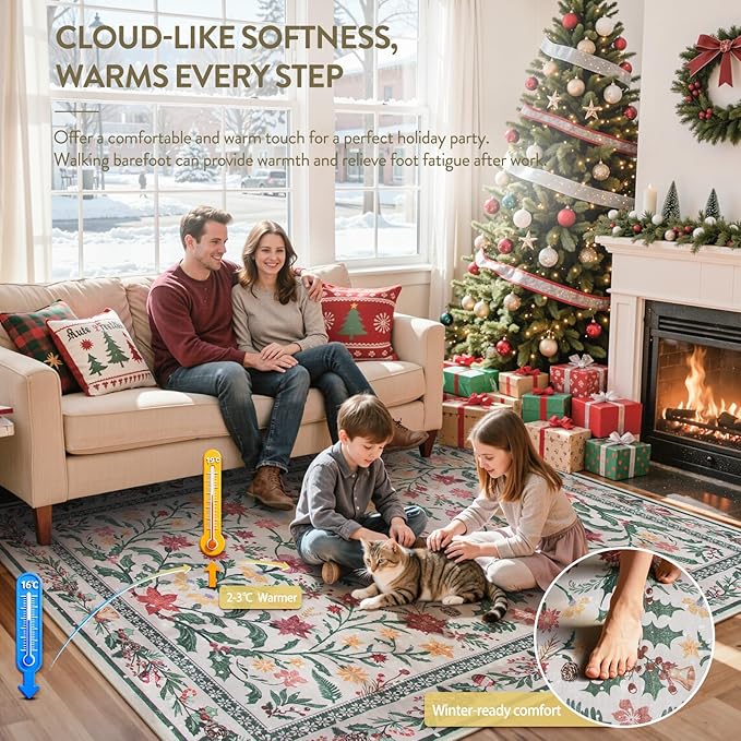 Wonnitar Round Christmas Rug Washable, Christmas Bedroom Decor 5ft Round Area Rug, Holiday Decor Under Xmas Tree Non Slip Floral Print Circle Carpets for Living Room Kitchen Dining Room