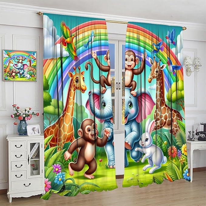 Animals Window Curtain Rod Pocket Kids Boys Girls Forest Giraffe Elephant Monkey Flowers Window Treatment for Baby Children Bedroom Living Room 63" W X 72" L