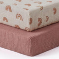 Blissful Diary Muslin Crib Sheets for Girl Boy, Boho Neutral Soft Cotton Baby Sheet for 52''x28'' Standard Crib Mattress, 2 Pack(Dusty Pink&Rainbow)
