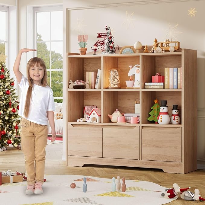 Kids Bookshelf and Toy Organizer, 2 Tier Kids Book Shelf for Kid Rooms with 2 Doors, 6 Cubes Storage Organizer,Wood Children Bookcase,Freestanding Toddler Book Display Shelf for Playroom