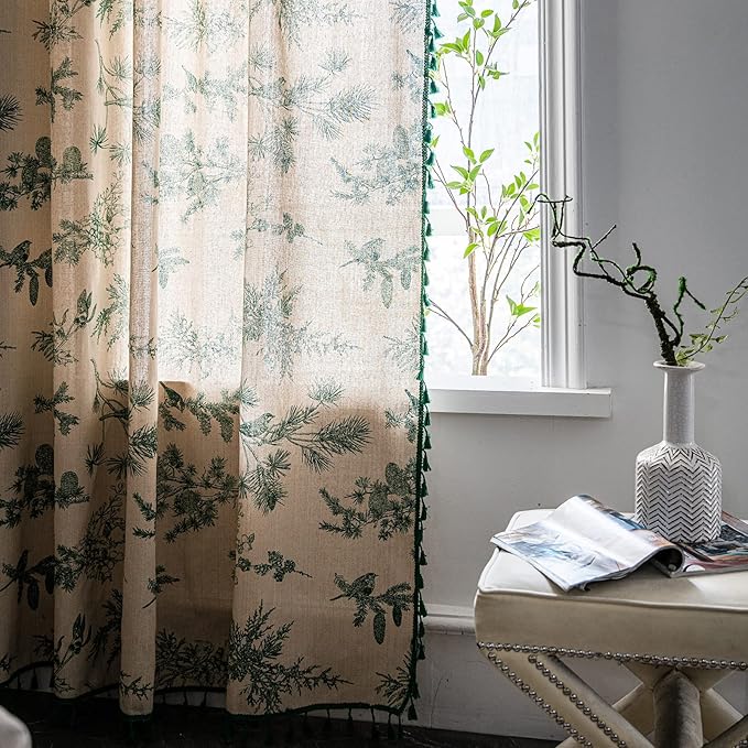Bohemian Curtains with Tassel Green Semi-Blackout Drapes 63 Inch Length Cotton Linen Farmhouse Window Curtain Panels Floral Pattern Rod Pocket Room Darkening Curtain for Living Room Bedroom, 2 Panel