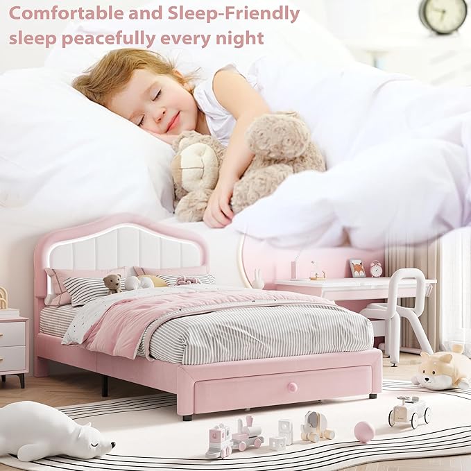 GarveeHome Upholstered Twin XL Bed Frame with Led Lights and Storage Drawer, Velvet Led Bed Frame with Headboard for Kids, Girls, Boys, No Box Spring Needed, Wooden Slats, Noise Free, Pink
