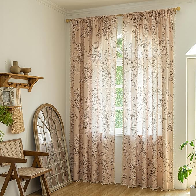ENJOYBRIDAL Floral 96 Inch Curtains 2 Panel Se Living Room Farmhouse Drapes Bedroom Boho Semi Sheer Long Window Curtain Panels Cute Flower Rod Pocket Botanical Pattern Window Treatments