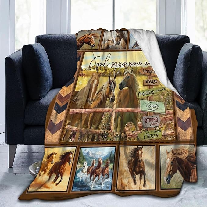 Horse Blanket Motivational God Say You are Throw Blankets Gifts for Girls Boys Cozy Warm Soft Fuzzy Flannel Throws Plush Stuffed Animal Western Horses Fleece Gifts for Men Women for Sofa Bed 50"x60"