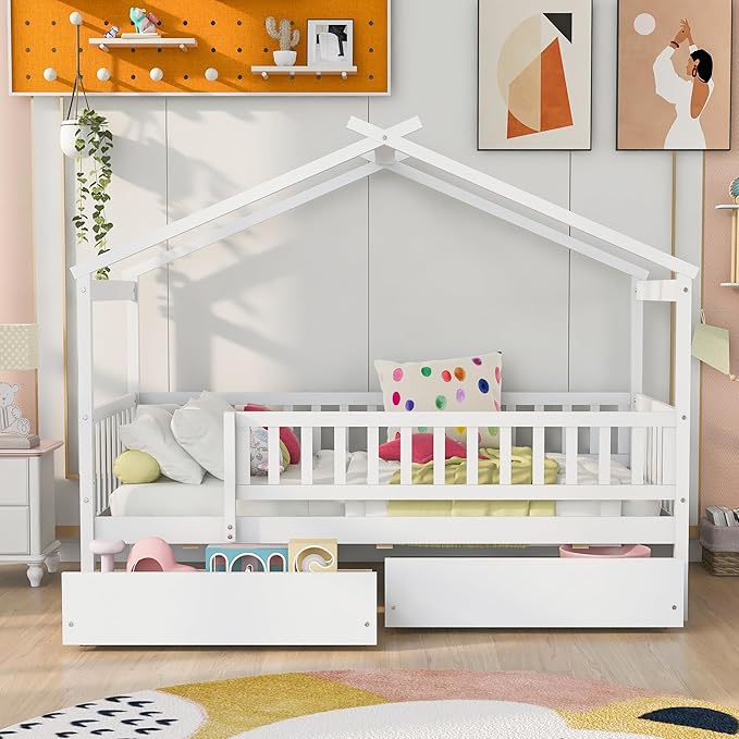 Aoowow Twin Size House Bed with Storage Drawers,Kids Wooden Bed Frame Twin House Bed with Slats and Fence for Boys Girls Teens for Bedroom(White)