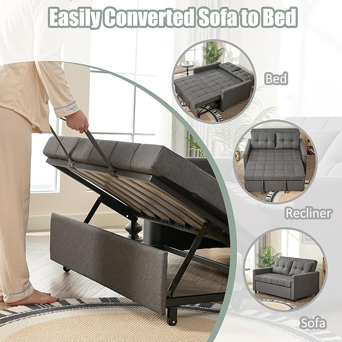 52" Sleeper Sofa with Pull-Out Bed, 3-in-1 Convertible Sofa Bed, Loveseat with Stepless Adjustable Backrest and Side Pocket, for Living Room Dorm Apartment, Linen, Dark Gray