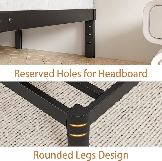 Black King Size Bed Frame 12 Inch, Metal King Bed Frame No Box Spring Needed, DIY Headboard Holes, Heavy Duty Steel Support 3500 LBS, Noiseless, Round Corner Leg, Storage Space, Easy Assembly