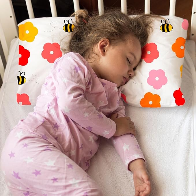 Little Sleepy Head Youth Pillow with Pillowcase 16x22, Soft Jumbo Toddler Pillows, Hypoallergenic Pillow Case - Best Kids Pillows for Sleeping, Perfect Kids Travel Pillows (Bee Happy)