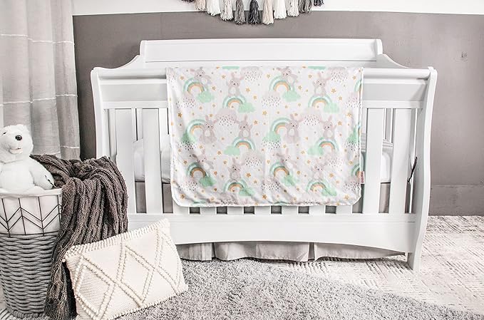 Top Tots Deluxe Minky Baby Blanket - Rabbits on Rainbows, 40 x 29 Inch Mint