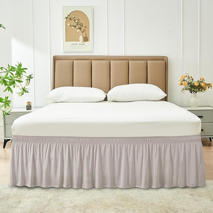 Biscaynebay Wrap Around Bed Skirts for Queen Beds with 12" Short Drop, Camel Grey Adjustable Elastic Dust Ruffles Easy Fit Wrinkle Resistant Silky Luxurious Fabric Machine Washable