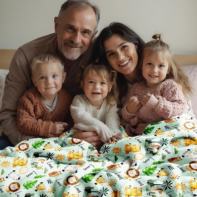 Custom Safari Animals Blanket Gift, Personalized Baby Blanket with Name, Soft Plush Flannel/Sherpa Fleece Throw Blankets for Toddler Kid Teen Boys Girls Color04
