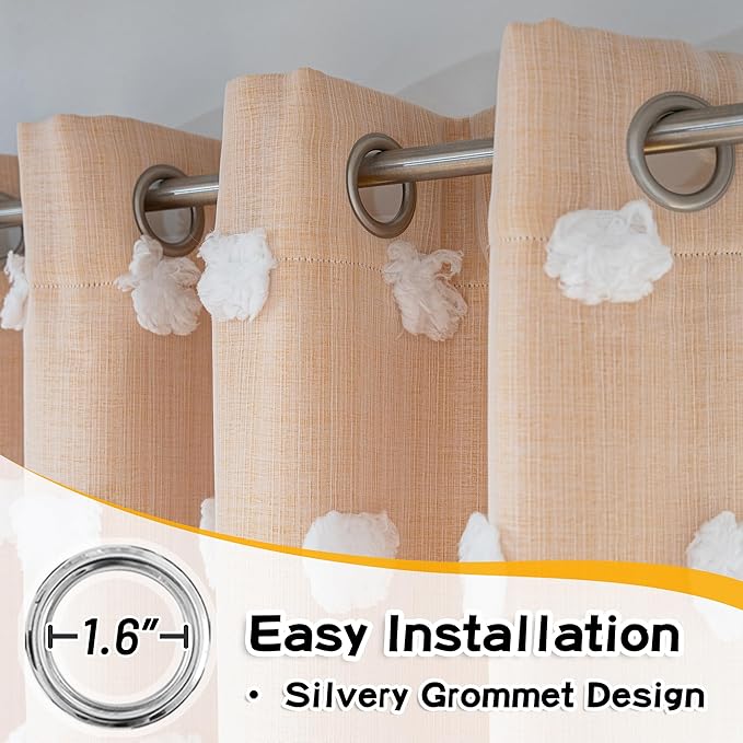 MYSKY HOME Nursery Curtains for Girl Room Yellow Curtains 72 Inches Long Pom Pom White Sheer Curtains for Kids Room Double Layer Toddler Bedroom Grommet Room Darkening Window Panels 52 x 72 Inch