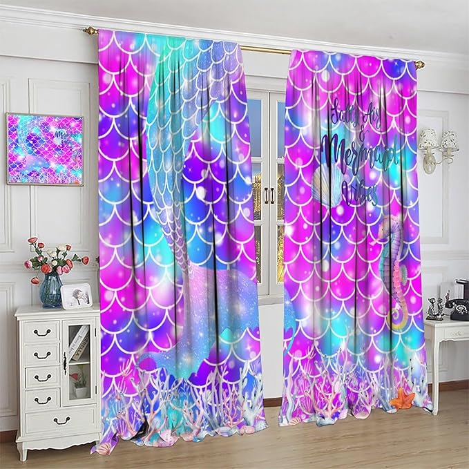 Dream Mermaid Curtains for Kids Boys Girls Ocean Theme Colorful Rainbow Fish Tail Blackout Window Treatment for Bedroom Nursery Room Decor Window Drapes 42" W X 45" L