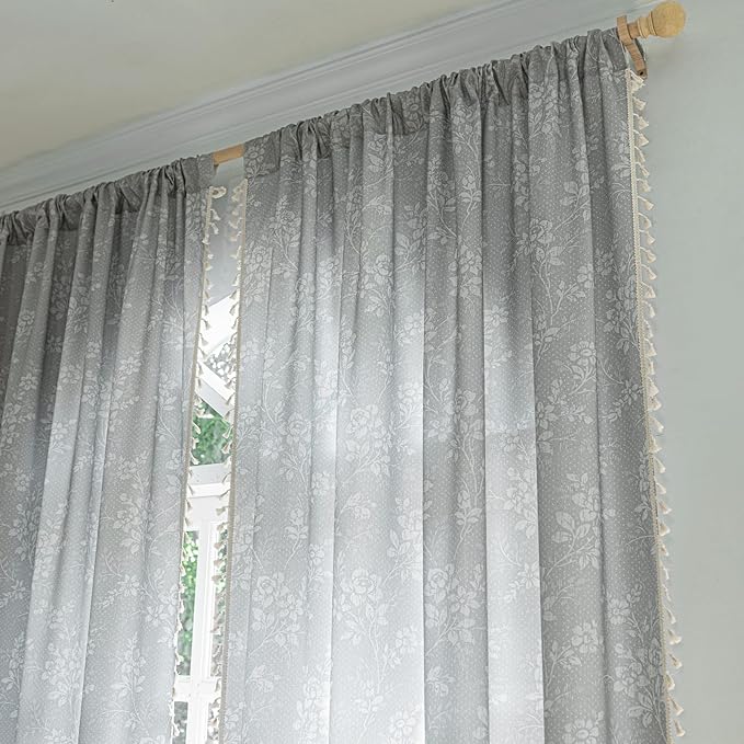 ENJOYBRIDAL Floral Curtains 96 Inches Long Grey Light Filtering Drapes Rod Pocket Bedroom Living Room Semi Sheer Window Curtains 2 Panel Sets Farmhouse Boho Cute Window Treatments