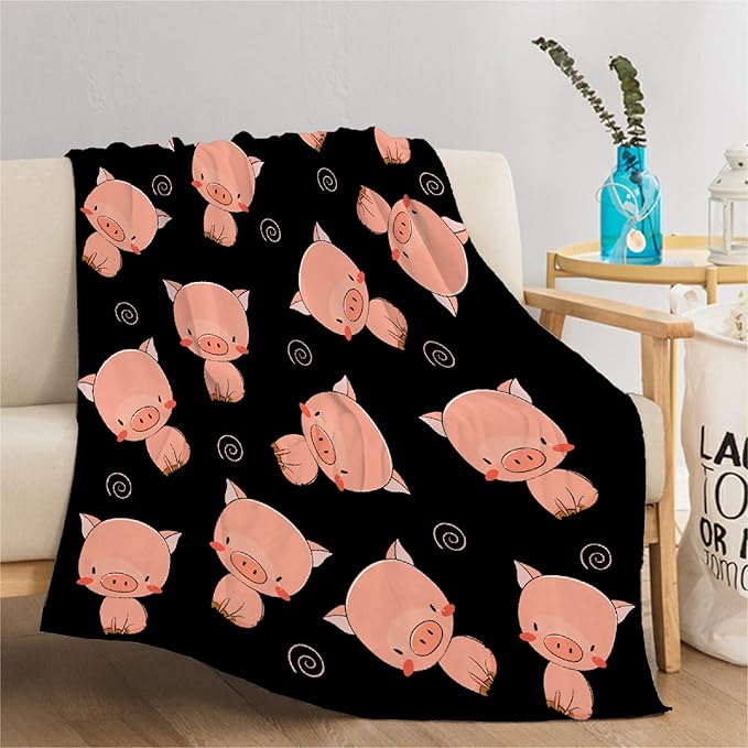 Thuswarm Cute Piggy Kawaii Pig Black Flannel Throw Blanket Warm Cozy Soft Funny Print Blankets for Bed Couch Sofa Room Decoration Gifts 80"×60" Large for Adult