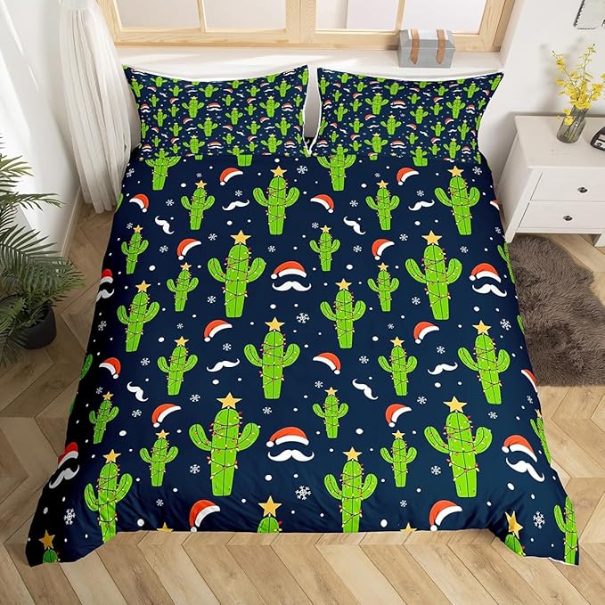 Feelyou Christmas Duvet Cover Boys Cartoon Cactus Xmas Theme Bedding Set for Kids Teens Ultra Soft Snowflake Comforter Cover Set New Year Bedspread Cover Room Decor Full Size Bedclothes Zipper