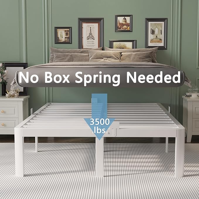 14 Inch Queen Bed Frame with Metal Gaskets, White Bed Frame Queen Size No Box Spring Needed, Heavy Duty Steel Platform Support, Round Corner Design, Noise Free, Storage Space, Easy Assembly