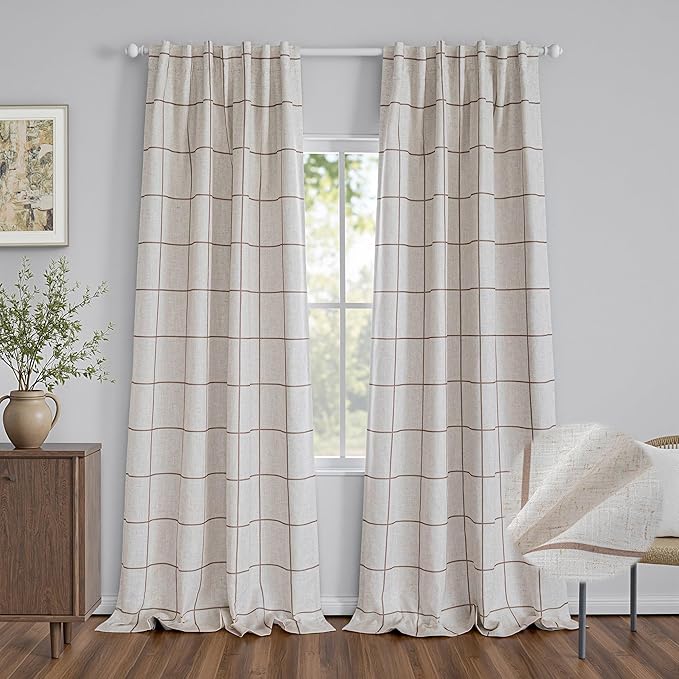 MYSKY HOME 100% Blackout Plaid Linen Curtains 108 Inches Long Double Layer Farmhouse Thermal Insulated Checkered Patterned Drapes Rod Pocket Back Tab for Living Room, 2 Pcs, 52" Wide, Brown