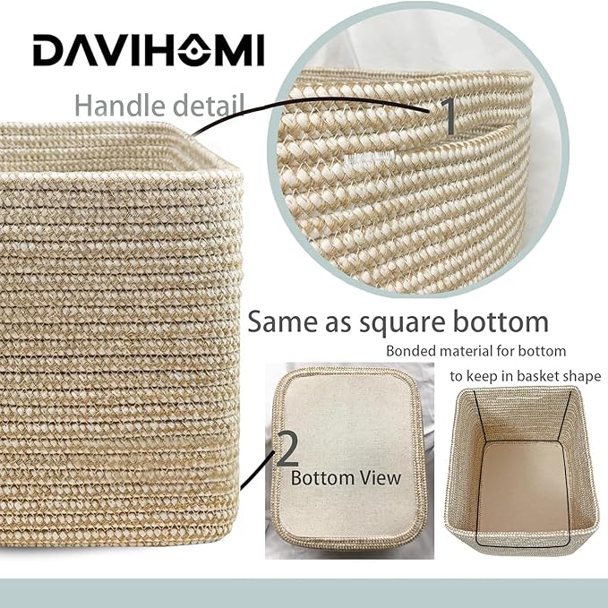 Square Woven Cotton Rope Basket for Organizing, Gift Baskets for Handles, Empty Gift Baskets, Toy Basket for bins|13.5" x 11" x 9.5" home decor for Living Room, Bathroom（Flax and White）
