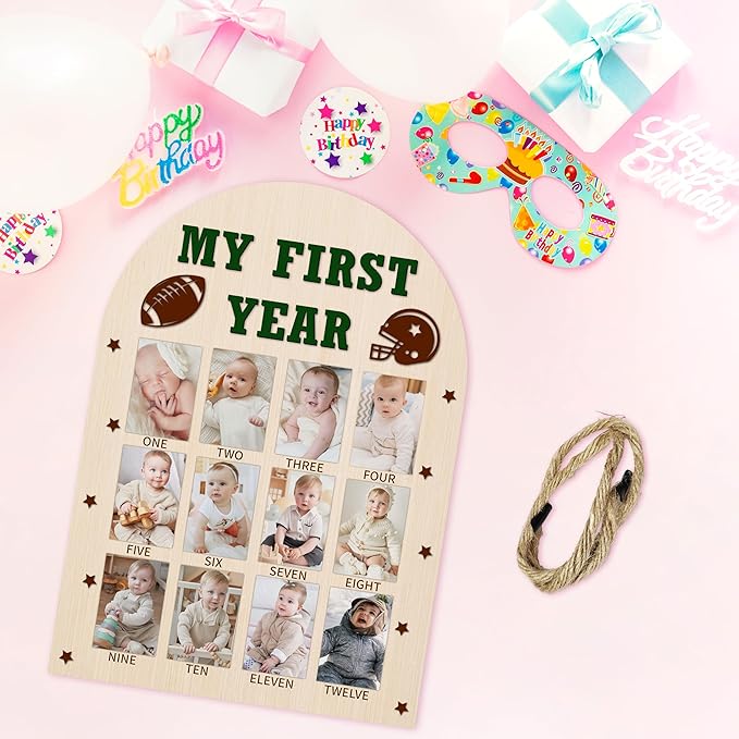 My First Year Photo Board, Football Baby's First Year Photo Frame 12 Monthly Milestone Picture Frame, Gift for Newborn Baby 1st Birthday Memories Nursery Decoration -05