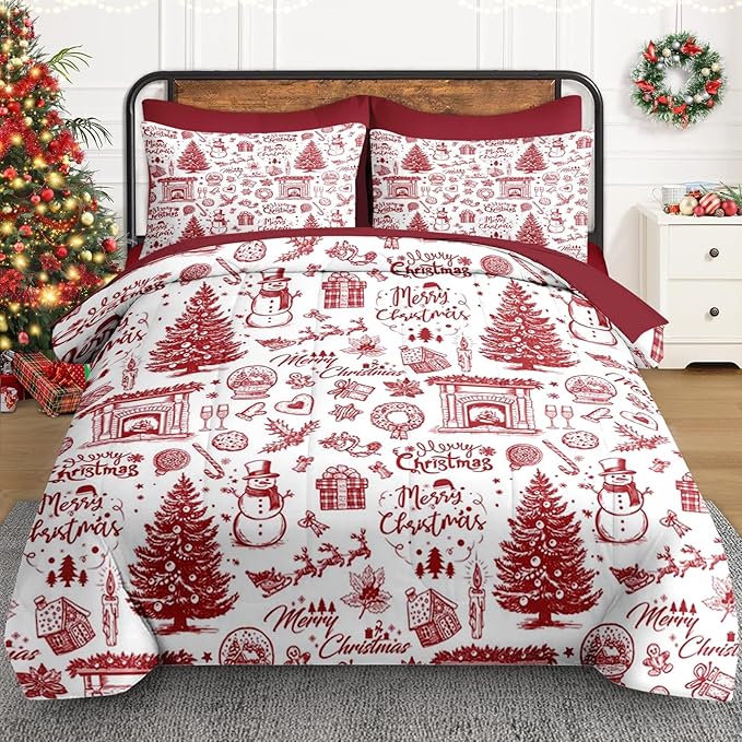 5 Pcs Twin Size Christmas Comforter Set with Pillowcase & Sham, Happy Xmas Red Pine Tree Bedding for Kids and Adults, Merry Winter Bed in a Bag with Flat Fitted Sheet