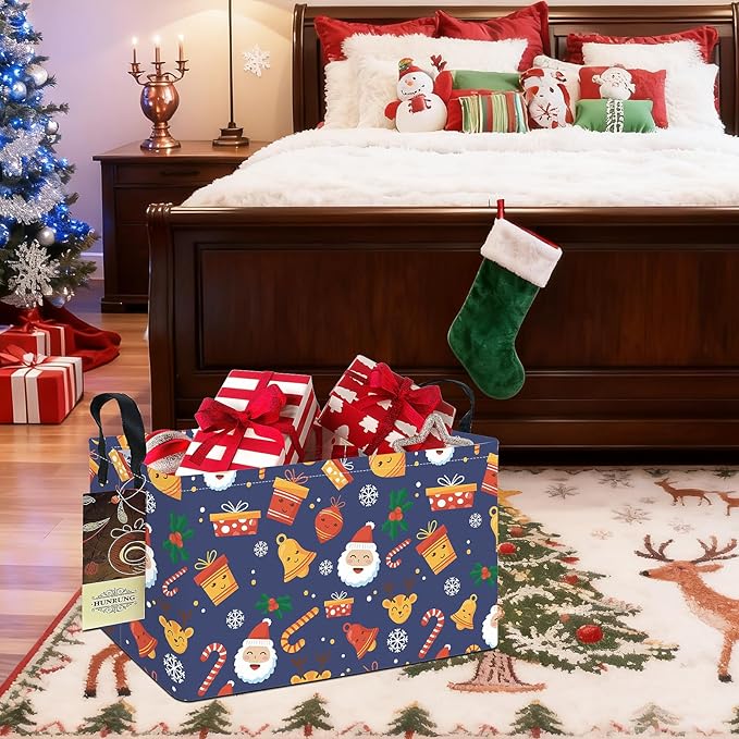 HUNRUNG Rectangle Storage Basket Cute Canvas Organizer Bin for Pet/Children Toys, Books, Clothes Perfect for Rooms/Playroom(REC-Blue Christmas Bell)