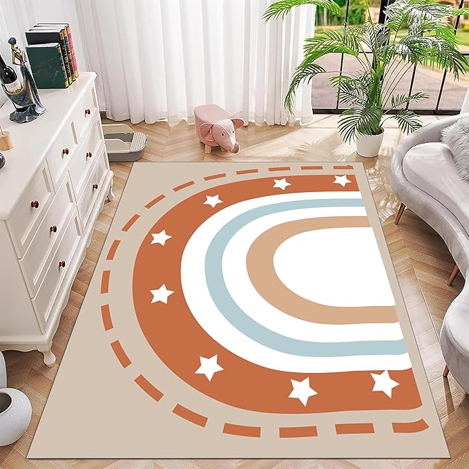 Machine Washable Rainbow Rugs Bedroom Fluffy Plush Soft Area Rugs Star Rainbow Patterns Living Room Non-Slip Indoor Flooring Kids Girls Boys Home Decor Aesthetics 5x8ft