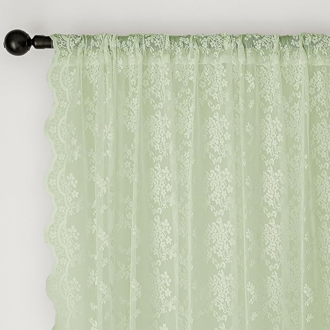 Anmao Vintage Lace Curtains 102 Inches Long 2 Panels, Romantic Semi Sheer Floral Lacy Curtain for Living Room, Elegant Window Drapes for Bedroom, Each 55W x 102L, Light Green