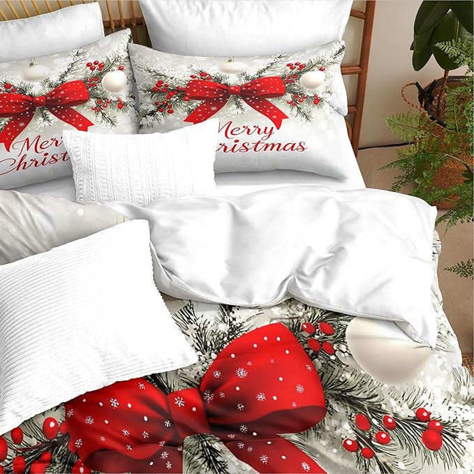 Christmas Duvet Cover King Size Merry Christmas Bedding Set 3 Pieces Kids Boys Girls Red Bow Pattern Comforter Cover with Zipper Closure