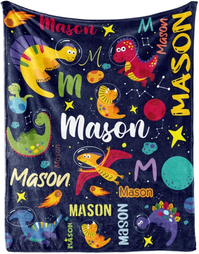 Personalized Dinosaur Blanket for Boys, Custom Name Blanket for Kids Dino Outspace, Soft Flannel Dinosaur Toddler Blanket Customized Gift for Birthday Christmas Baby Shower, Newborn Gift 30" X 40"