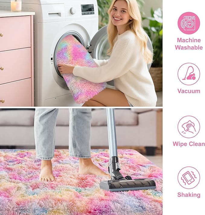 Cute Unicorn Rug for Girls Bedroom, 6x9 Plush Fluffy Princess Rainbow Area Rug for Girls Room Soft Big Shag Carpet for Living Room Baby Toddler Kids Room Colorful Kawaii Room Decor