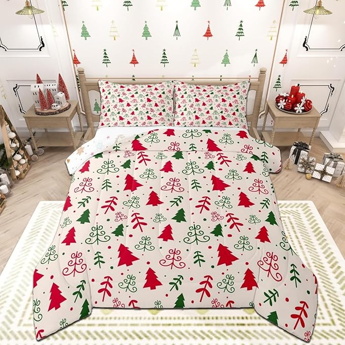 Christmas Trees Comforter Set Toddler Size,Red Green Pine Plant Cute Hand Sketch Bedding Set for Kids Girls Boys Bedroom,Winter Xmas Natural Botanical Kawaii Quilted Set with 1 Pillowcase