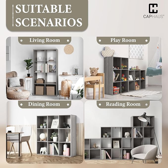CAPHAUS 11-Inch Cube Storage Organizer Shelf, Home Storage Shelf Divider w/Back, 8-Cube Storage Bookcase, Greige Oak