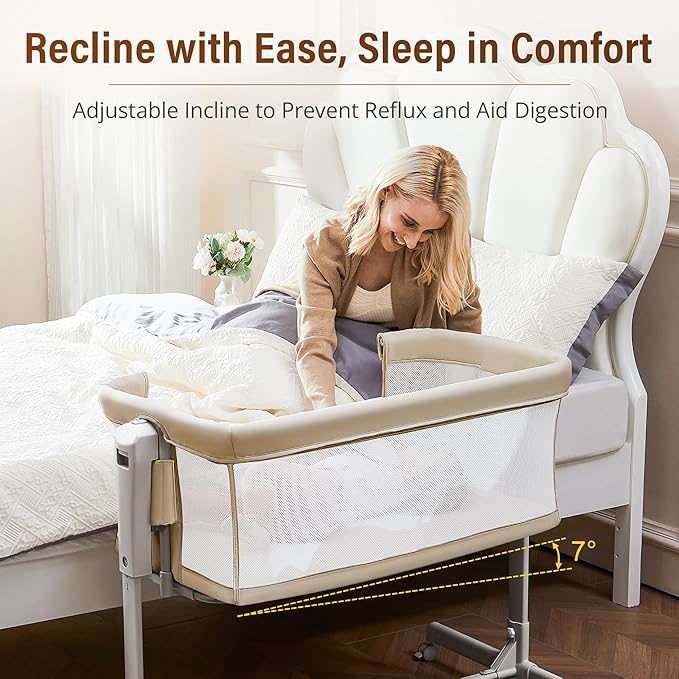 Baby Bassinet Bedside Sleeper 3-in-1, Easy Night Feeding with One-Side Fold & Rolling Wheels, Breathable Mesh, 6-Height Adjustable, Soft Mattress for Newborns