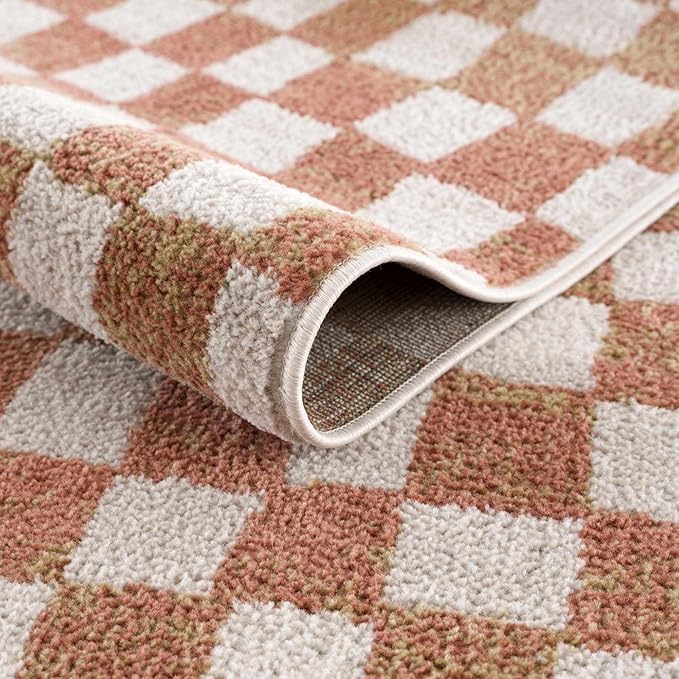 Hauteloom Pertek Modern Checkered Runner Rug - Modern Geometric Carpet for Hallway, Kids Room, Nursery - Bohemian Boho Carpet - Cream, Somon - 2'7" x 7'3"